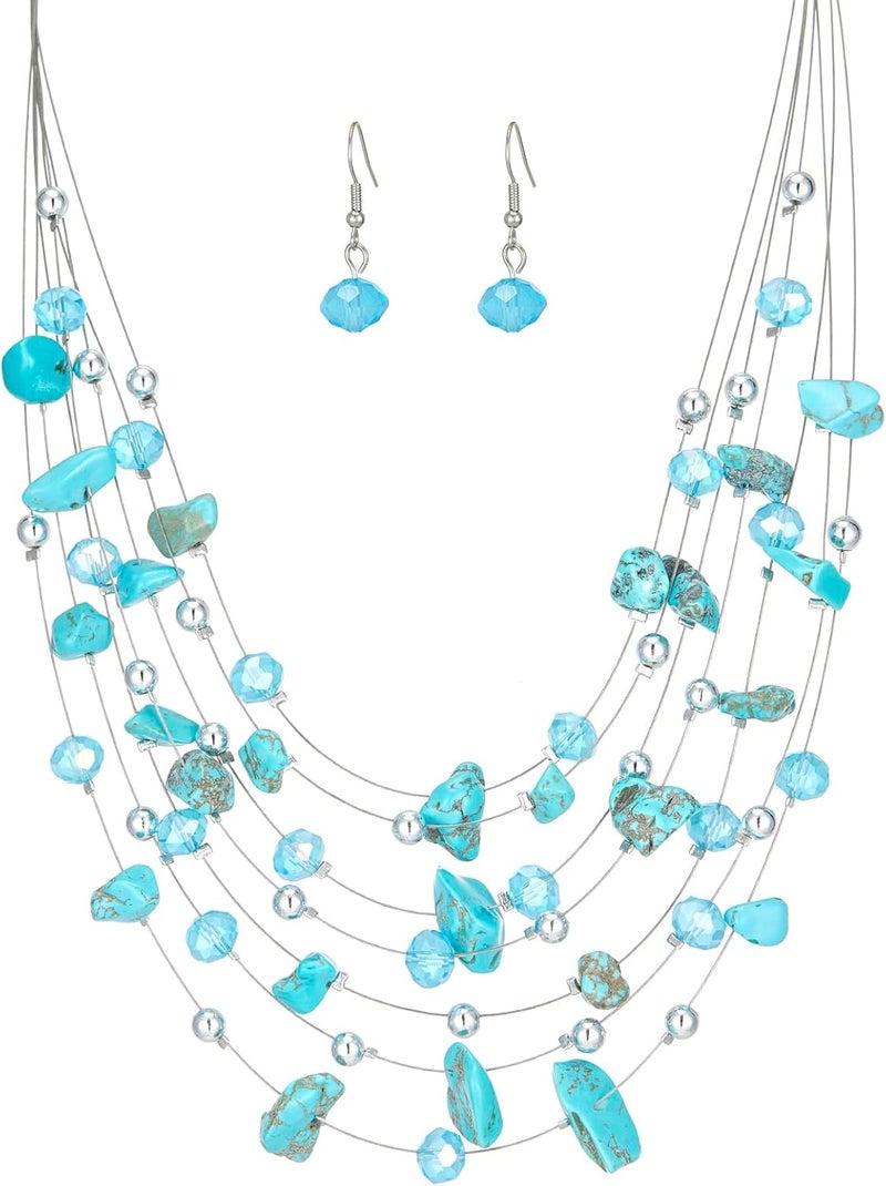 Errally Store Multi-Layer Boho Shell Beaded Necklace for Women Colorful Crystal Strand with Silver Beads Statement Collars Necklace and Earrings Costumes Jewelry Sets for Women - Image 1